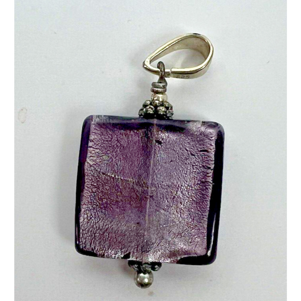 Purple Glass Rectangle Pendant‎ 925 sterling silver - Picture 2 of 3